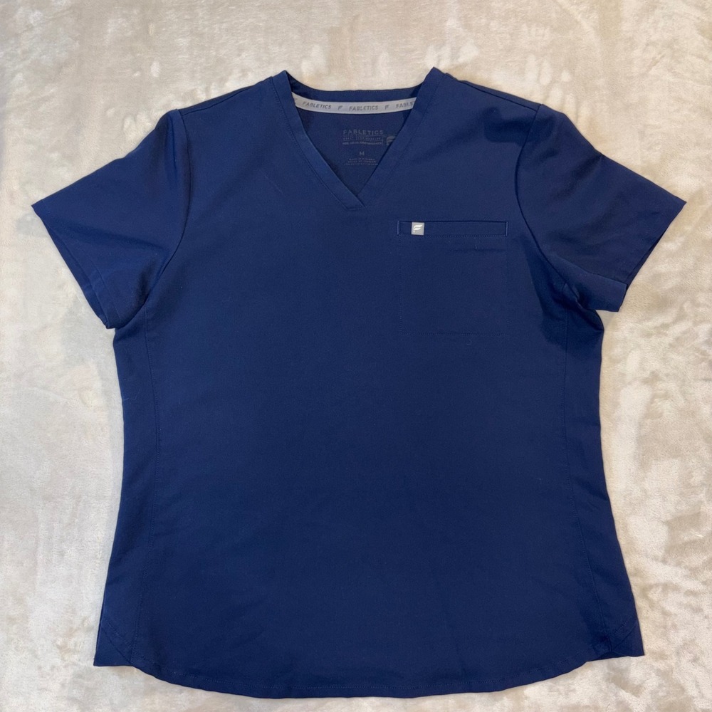Fabletics Navy Blue V-Neck Scrub Top Short Sleeve Chest Pocket Womens Medium